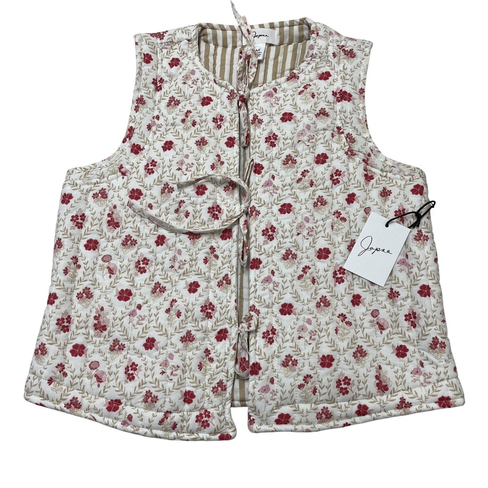 Japna Quilted Vest Womens M Pink Floral Cotton Tie Front Cottagecore Feminine